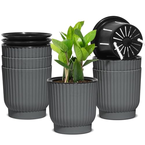 T4U Self Watering Pots for Indoor Plants, 4.5 Inch 6 Pack Planter Gray | African violet succulent herbs, Small desk windowsill, Bottom feed reservoir, Easy care maintenance - color: Gray, size: 4.5 Inch