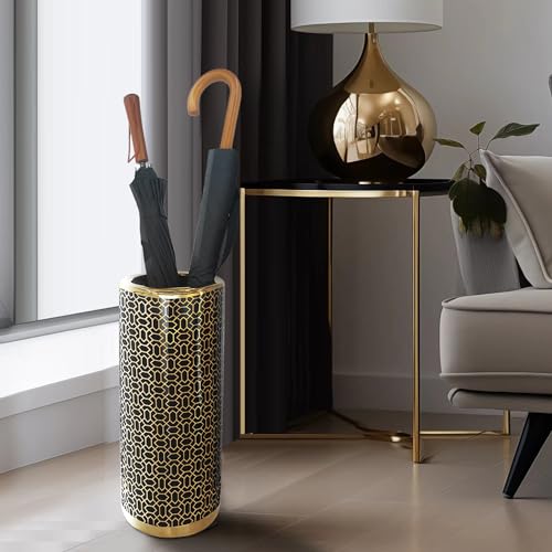 ZOEJADE 18" High Black Gold Umbrella Stand Entryway Walking Stick Holder | Minimalist Luxury Ceramic Umbrella Stand Porcelain Floor Vase for Entryway Porch Indoor Holds Canes and Walking Sticks