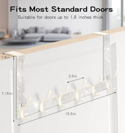 White Bling Over The Door Hooks,Rhinestone Door Clothes Hanger,Over The Door Towel Rack for Bathroom, Bedroom，Kitchen，Hanging Towels, Coats,Hat,Handbag（6 Hooks White）