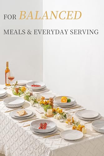 FOBENTA 18-Piece Embossed Ceramic Dinnerware Set–6 Dinner Plates,6 Salad Plates,6 Pasta Bowls,Elegant & Durable Tableware,Dishwasher & Microwave Safe,Perfect for Family & Entertaining - size: Service for 6-18Pcs (Pasta Bowl)