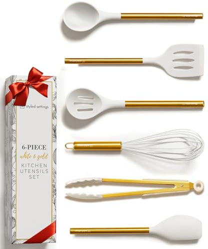 Gold Kitchen Utensils Set – 6 PC White Silicone and Gold Cooking Utensils with Spatula, Whisk, Tongs, Spoons, Cooking Tools for Nonstick Cookware – Luxury Kitchen Accessories for Home Chefs | White Silicone and Gold Cooking Utensils with Spatula, Whisk, T
