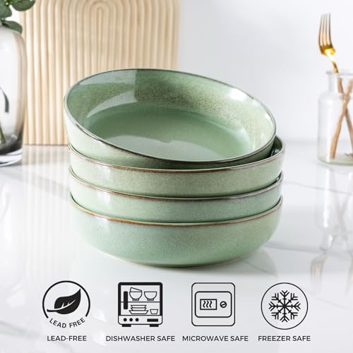 GBhome 8.75'' Large Ceramic Pasta Bowls, 38oz Stoneware Pasta Serving Bowls Set of 4 for Kitchen, Wide Bowls for Fruit,Pasta,Salad,Oatmeal,Meal, Microwave Safe, Reactive Glaze-Pastel Green - color: Pastel Green