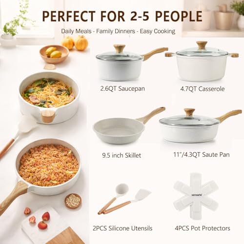 SENSARTE Nonstick Ceramic Cookware Set, 13-pcs Non-toxic Pots and Pans Set | Healthy Kitchen Cooking Set with Stay-Cool Handles, Silicone Tools and Pot Protectors, PFAS Free - color: White