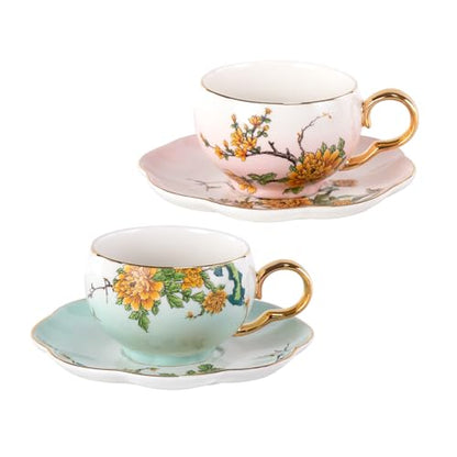 KAMMAK Tea Cups and Saucers Set of 2, Porcelain Coffee Cups, NX039 | Gold Rim, Stackable Espresso Mugs, Ceramic Demitasse for Coffee, Latte, Americano, Afternoon Tea, Elegant Gift for Women - size: 8CZNX039+40