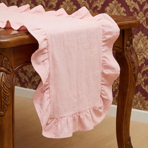 HunnmingRe Pink Ruffled Table Runner 72 inch Scalloped Table Runner Cotton Flounces Washable Shabby Farmhouse Rustic Home Kitchen Decoration for Wedding Rectangle Bride Shower Christmas Party - color: Pink, size: 14 x 72 Inch