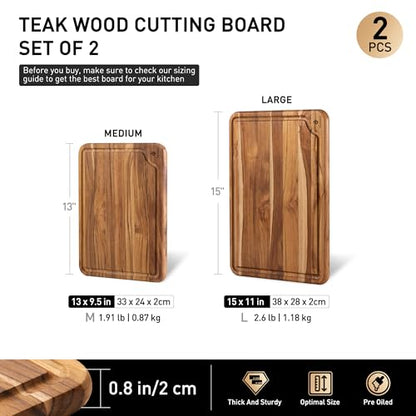 2 Pack Teak Cutting Boards for Kitchen Wood Wooden Cutting Board Non Slip | Non Toxic, Over Sink, NOT Bamboo Stainless Steel Titanium Acrylic Acacia Olive, Space-Saving, Kitchen Gift for Mom - style: Set of 2