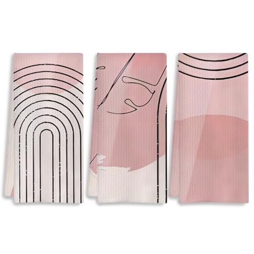 Pink Boho Kitchen Towels Set of 3 - Abstract Line Art Decorative Hand Towels for Bathroom, Mid Century Modern Dish Towels, Kitchen Decor, 16x24 Inches - color: 7- Abstract Towels