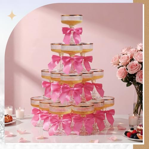 Set of 24 Plastic Champagne Coupe Glasses with Bow 7 oz Gold Champagne Tower Set Stackable Acrylic Ribbed Martini Glasses Cocktail Coupe Cup for Wedding Birthday Party Bar(Ribbon,Hot Pink) - color: Hot Pink, style: Ribbon
