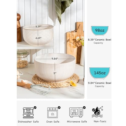 Mikiegy Ceramic Mixing Bowls Set of 2, Nesting Ceramic Embossment Stoneware Mixing Bowls for Cooking, Serving, Popcorn, Salad etc, Microwave & Dishwasher Safe, 98/145 oz, Off-White - size: 98&145 oz