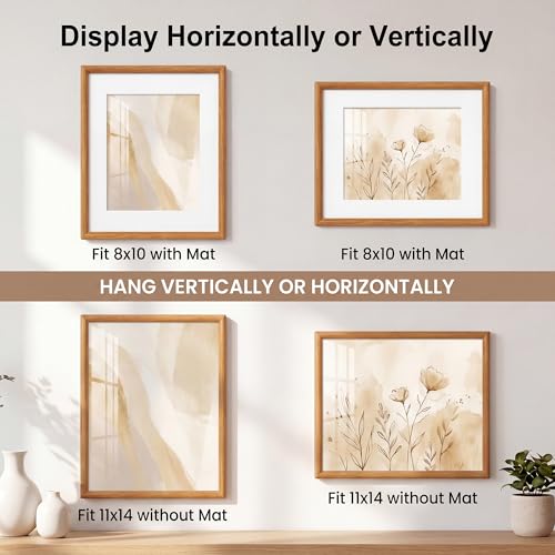 Acovy 11x14 Picture Frame, Natural Solid Teak Wood 11"x14" Photo Frame for Wall, Handcrafted Wooden Frame 11 x 14 Matted to 8x10, High Definition Tempered Glass, Wall Hook Included, Natural Teak - color: Teak, size: 11"x14"