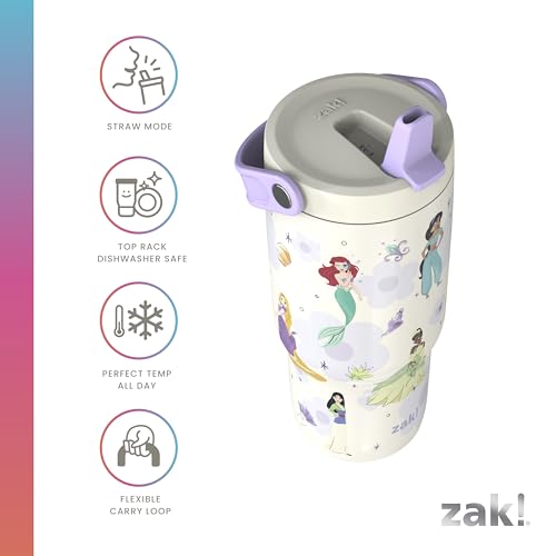Zak Designs Disney Princess Siply 20oz Leak-Proof Straw Insulated Tumbler | BPA Free, Stainless Steel, Handle, Cupholder Friendly, Dishwasher Safe, Kids Water Bottle For School, Home, Travel, Ariel - color: Princess