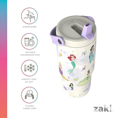 Zak Designs Disney Princess Siply 20oz Leak-Proof Straw Insulated Tumbler | BPA Free, Stainless Steel, Handle, Cupholder Friendly, Dishwasher Safe, Kids Water Bottle For School, Home, Travel, Ariel - color: Princess