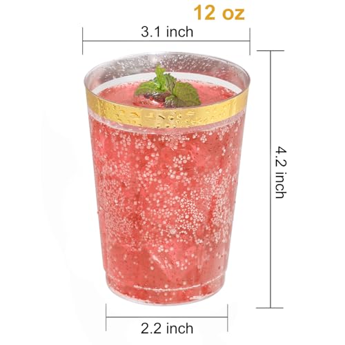 I00000 50 Pack 12 oz Gold Plastic Cups, Premium Gold Rimmed Plastic Cups | Heavy Duty, BPA-Free, Everyday Use, Bulk Catering, Wine Glasses, Cocktail Glasses, Gold Cups Perfect for Party & Wedding - color: 12-Gold-50