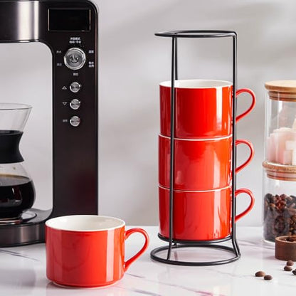 10oz Porcelain Stackable Coffee Mugs and Metal Stand Set of 4, Espresso Cups Set for Hot Drinks, Cappuccino, Tea-Red - color: Red