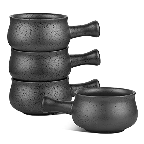 vicrays French Onion Soup Bowls With Handles, 26 Ounce for Soup, Chili, Beef Stew, Chip Resistant, Dishwasher Microwave Safe, Set of 4 (Gray) - color: Gray
