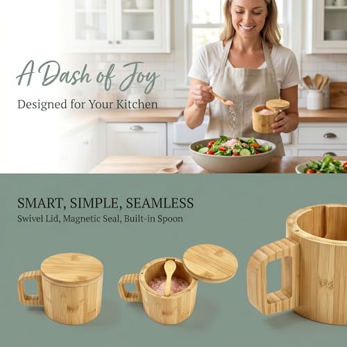 Bamboo Salt Cellar with Handle, 10oz Magnetic Swivel Lid & Spoon(2 Pack) | Food-Safe Bamboo Salt Cellar with Integrated Handle, 10oz Magnetic Swivel Lid & Spoon, for Kitchen Cooking & Grilling