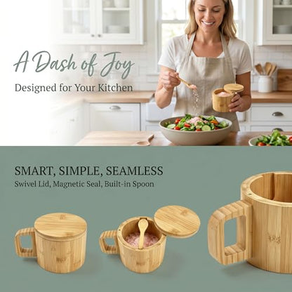 Bamboo Salt Cellar with Handle, 10oz Magnetic Swivel Lid & Spoon(2 Pack) | Food-Safe Bamboo Salt Cellar with Integrated Handle, 10oz Magnetic Swivel Lid & Spoon, for Kitchen Cooking & Grilling