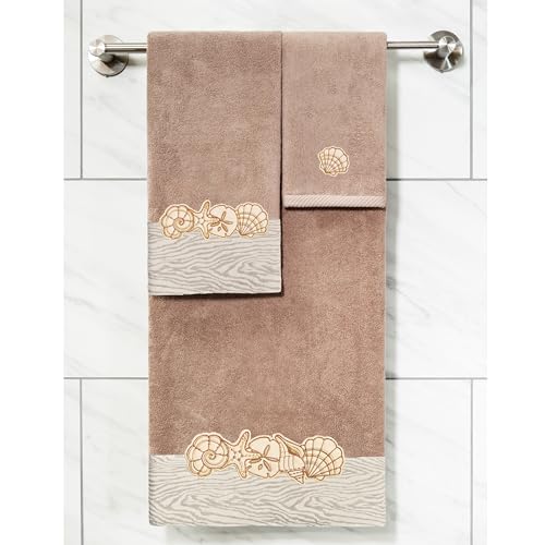 Seaside 4-Piece Luxury Towel Set, Sparkling Seashell Applique, Plush Turkish Cotton, Durable & Quick Dry, Nautical Bath Ensemble, 2 Bath 2 Hand Towels, Cocoa - color: Cocoa, size: 2 Pcs Bath 2 Pcs Hand Towel