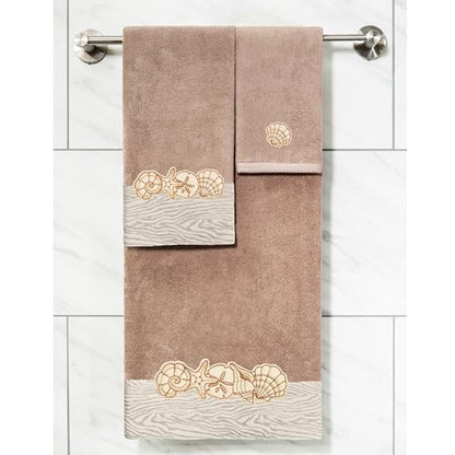 Seaside 4-Piece Luxury Towel Set, Sparkling Seashell Applique, Plush Turkish Cotton, Durable & Quick Dry, Nautical Bath Ensemble, 2 Bath 2 Hand Towels, Cocoa - color: Cocoa, size: 2 Pcs Bath 2 Pcs Hand Towel