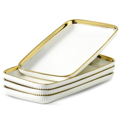 LETAOTAO Serving Platters, Ceramic Serving Platters Set of 4, 12 Inch Rectangular Serving Trays Dishes for Party Entertaining, White Dinner Plates with Gold Trim for Sushi Desserts Appetizers Salad - color: Rectangular White and Gold-4 Pcs