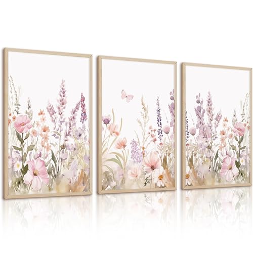 Nursery Girl Floral Wall Art Watercolor Wildflower Canvas Wall Decor Pruple Pink Flower Pictures Nursery Floral Art Prints Girl Room Wildflower Poster for Bedroom Bathroom 12x16 Inch Unframed Set of 3 - color: Purple Bouquets Art, size: 12''x16'' Unframed