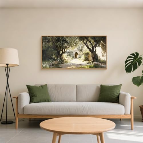 Ausril Garden of Gethsemane Landscape Framed Canvas Wall Art -20"x40" | Jerusalem Town Villages Scenery Prints Jesus Boho Religious Decor Christian Bible Artwork for Bedroom Living Room Office - color: Garden Landscape Wall Art, size: 20"L x 40"W