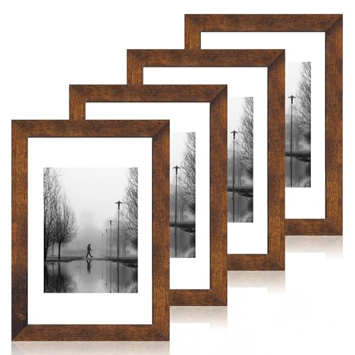 iRahmen 8x12 Picture Frame Set of 4 with High Definition Real Glass, Display 6x8 Pictures with Mat or 8 x 12 Without Mat, Wood Rustic Photo Frames for Tabletop and Wall Mounting - color: Dark Brown, size: 8X12