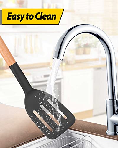 Pack of 2 Silicone Cooking Spatula, Heat Resistant Solid Turner, Non Stick Slotted Spatulas with Wooden Short Handle,Ideal Wood Kitchen Utensils Set for Frying, Baking, Flipping, Turning - color: Black