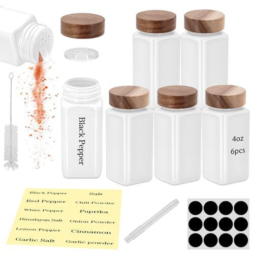 6Pcs 4 oz Square Glass Spice Jars with Label, Empty Spice Containers with Wooden Lids, Square Seasoning Containers and Supplement Set, Small Seasoning Bottles for Salt, Sugar, Pepper (White) - color: White