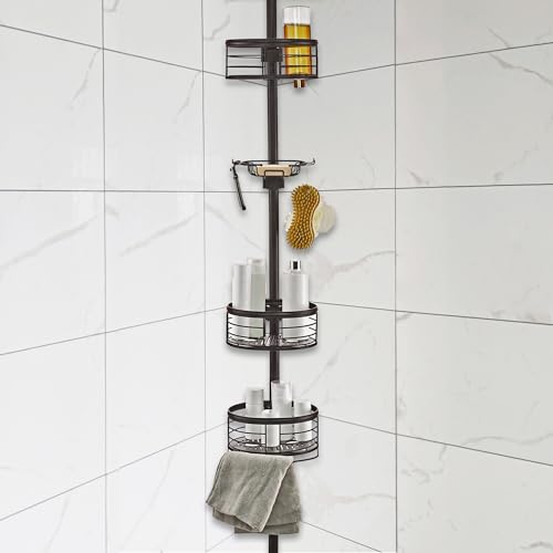 Tension Pole Shower Caddy Corner Organizer, Adjustable Standing Shower Caddy with 3 Removable Baskets and Hooks, Rust Resistant Tension Rod Organizer, 60.5 to 108 Inch, Oil Rubbed Bronze