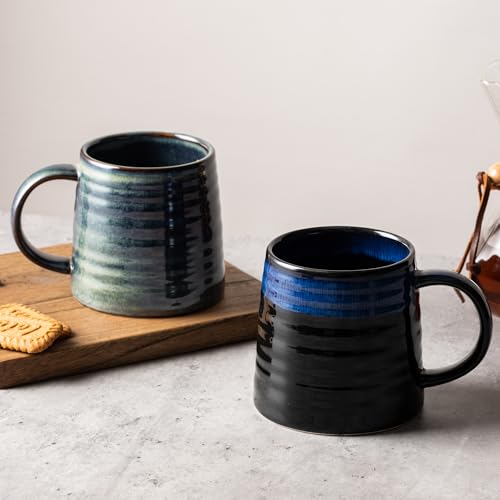 15.5oz Large Heavyweight Ceramic Mug, Reactive (Blue-Black) | 15.5oz Medium-Large, Heavy Weighted Stoneware, Reactive Transmutation Glaze, Microwave & Dishwasher Safe, Gift Box - color: Blue-Black