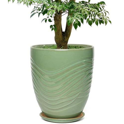 11.8 Inch Modern Ceramic Plant Pot with Saucer, Flower Pot with Drainage Hole Mesh Net,Indoor Outdoor Planter (Crackle-Green) - color: Crackle-green, size: 11.8 Inch