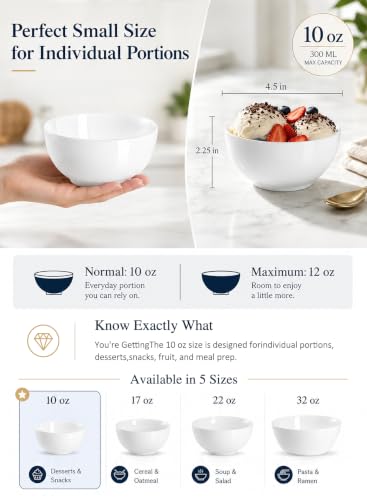 Small Bowls Set, White, 10 oz Porcelain Bowls of 4 | Ceramic, For Kitchen Dessert Rice Side Dish Snack Soup Fruits Cereal Ice Cream, Microwave Dishwasher Freezer Oven Safe - size: 10 OZ(4PCS)