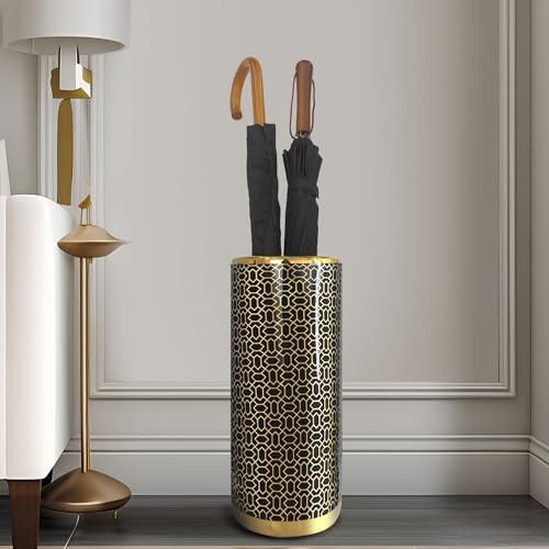 ZOEJADE 18" High Black Gold Umbrella Stand Entryway Walking Stick Holder | Minimalist Luxury Ceramic Umbrella Stand Porcelain Floor Vase for Entryway Porch Indoor Holds Canes and Walking Sticks