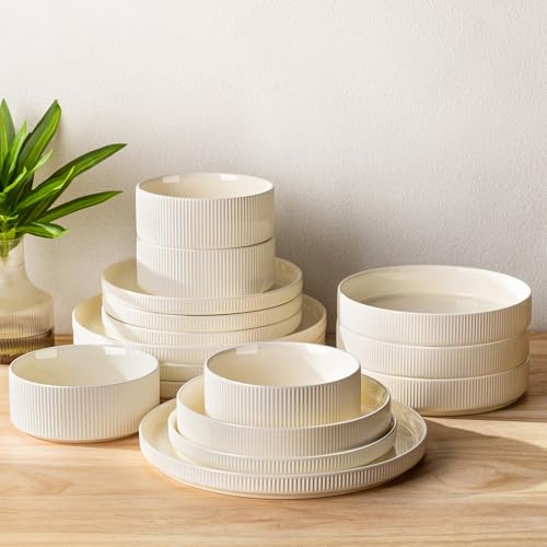 Ceramic Dinnerware Set for 4, 16-Piece Plates and Bowls Set | Lightweight Porcelain Dish Set, Scratch Resistant, Oven & Microwave & Dishwasher Safe, Beige - color: Beige, size: Set (16pcs)