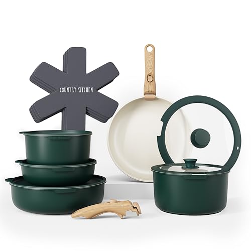 Country Kitchen Cookware Set with Removable Handle, Oven & RV Safe Pots and Pans Set, Sage Wood Handle, Original - color: Sage Wood Handle, size: Original