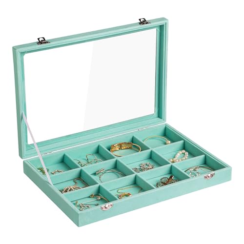 12 Grid Bracelet Holder Box,Velvet Jewelry Tray with Clear Lid | Real Glass Lid,Bracelet Display,Jewelry Organizer for Bangle Brooch,Adjustable Divider,Dustproof Design,13.8×9.5Inches - color: Turquoise, size: 12 Grid