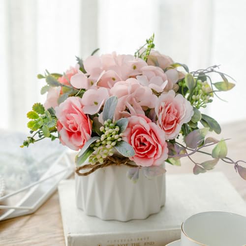 TKAS Fake Flowers Arrangement in Ceramic Vase, Artificial Faux Silk Roses & Hydrangea, Small Realistic Dried-Style Floral Centerpiece for Dining Table, Wedding Party Home Decoration (Pink) - color: Pink