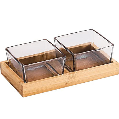 2 Compartment Glass Fruit Bowl with Wooden Tray Creative Snack Serving Tray Divided Serving Platter Reusable Ice Cream Cups Removable Salad Bowls for Snack Candy Nuts Desserts Smoky Gray - color: Smoky Gray, size: 2 Compartment