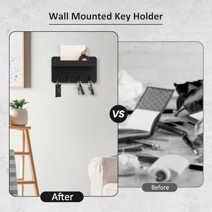 Nekon Key Holder Wall Mount, 8.5 Inch Small Wooden Wall Organizer, Black | Rustic Wall Shelf, Farmhouse Key and Mail Holder for Living Room Entryway Kitchen - color: Black