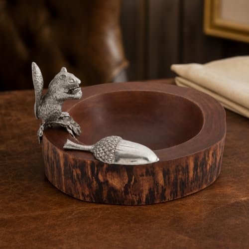 Standing Squirrel Nut Bowl with Pewter Acorn Scoop - Whimsical Mango Wood Dish for Serving Nuts - 8 Inch Diameter
