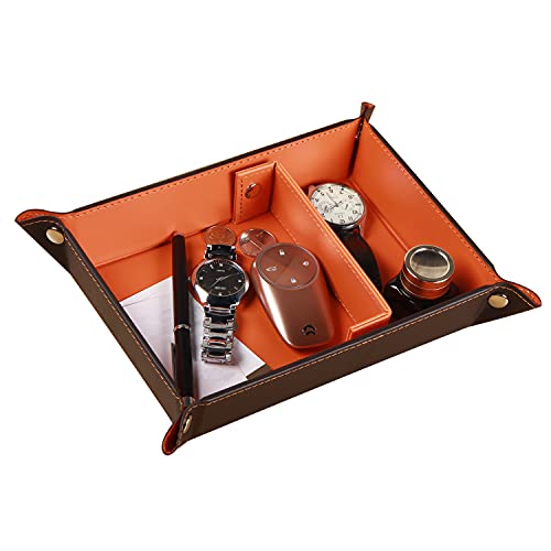 Valet Tray for Men Leather Big Entryway Key Dish Bedside Catchall Bowl 2 Dividers Travel Nightstand Organizer Caddy for Wallet Coins Dice Watch Candy, Sundries Holder for Beside Table (Orange) | Large Jewelry Vanity Tray for Keys,Coins,Wallet,Watch,Phone,