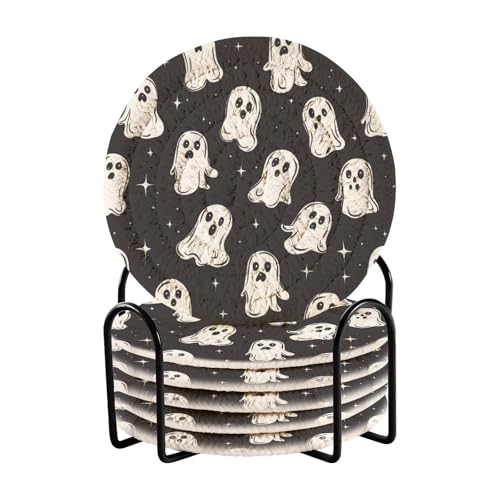 Caikeny 6 Pcs Drink Coasters with Metal Holder White Ghosts Black Glitter Absorbent Coasters Decorative Woven Coaster Set for Coffee Table - color: Multi 10k1.35