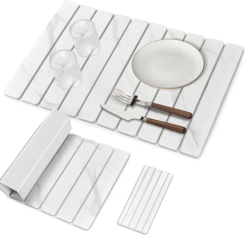 Large Stone Dish Drying Mats for Kitchen Counter, Quick Dry Dish Drying Mats, Foldable Absorbent Diatomaceous Earth Mats for Dishes Cups, Match Any Countertop (24"×16" & 8"x4" White Marble ) - color: White Marble, size: 24" x 16"