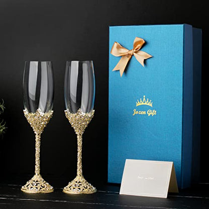 Gold Champagne Flutes - Crystal Glass Metal Base With Crystal Stones, Set of 2 Toasting Flute Pair, Wedding Anniversary Party Birthday Banquets and Gifts for Bride and Groom (Gold) - color: Gold