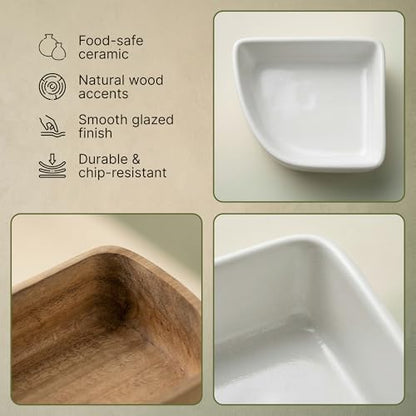 Chip and Dip Serving Set - Ceramic Wooden Serving Platter with 4 Seperable Compartments - Divided Serving Tray for Tacos, Appetizers, Veggies - Sectional Relish Tray for Parties