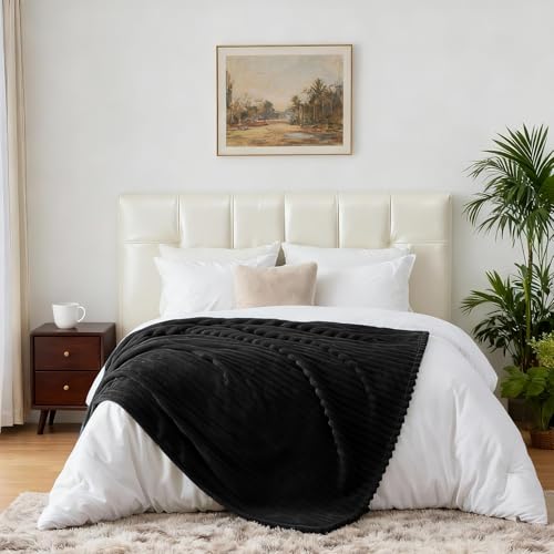 Nookly Black Twin Size Fleece Blanket, Soft Lightweight Ribbed Plush Bed Blanket, Cozy All-Season Striped Fleece Twin Throw for Bedroom and Home, 60x80 Inches - color: Black, size: Twin(60"x80")