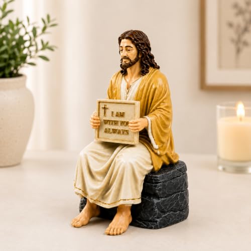 Jesus Christ Statue Peaceful | Handcrafted Polystone Marble Figurine with I Am with You Always Plaque | Christian Home Décor Jesus Resin Idol for Home, Prayer Corner, Altar & Gifting
