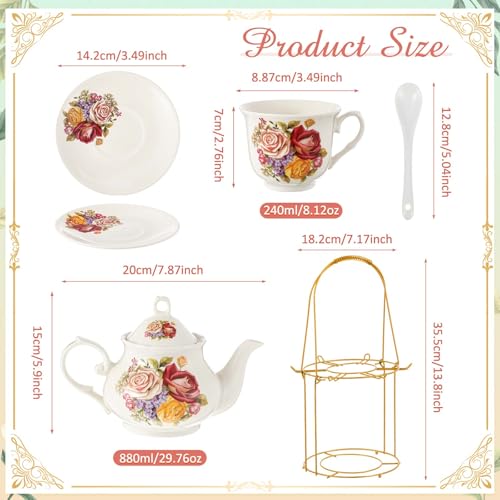 Zhehao 20 Pcs Porcelain Tea Set with Metal Holder and Spoon Adult Ceramic Tea Set European Flower Painting Teapot Cup Saucer Spoon for Women Mom Gift, Large Version (Groovy Style) - color: Styleish Style