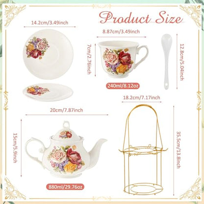 Zhehao 20 Pcs Porcelain Tea Set with Metal Holder and Spoon Adult Ceramic Tea Set European Flower Painting Teapot Cup Saucer Spoon for Women Mom Gift, Large Version (Groovy Style) - color: Styleish Style